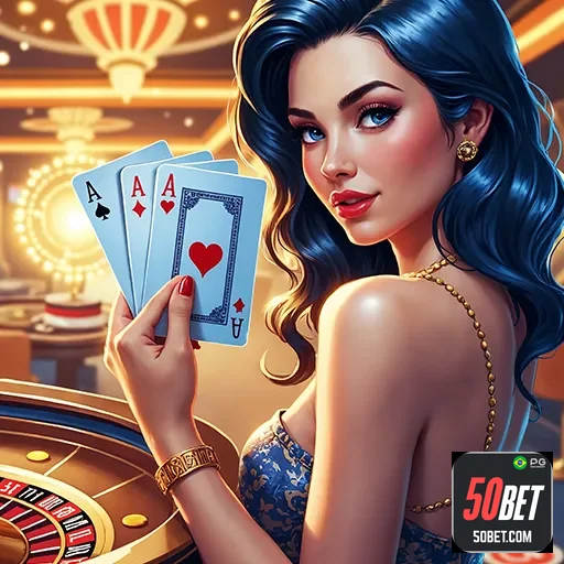 Imagem de um cassino online com o logo 50bet, destacando jogos e apostas no site 50bet